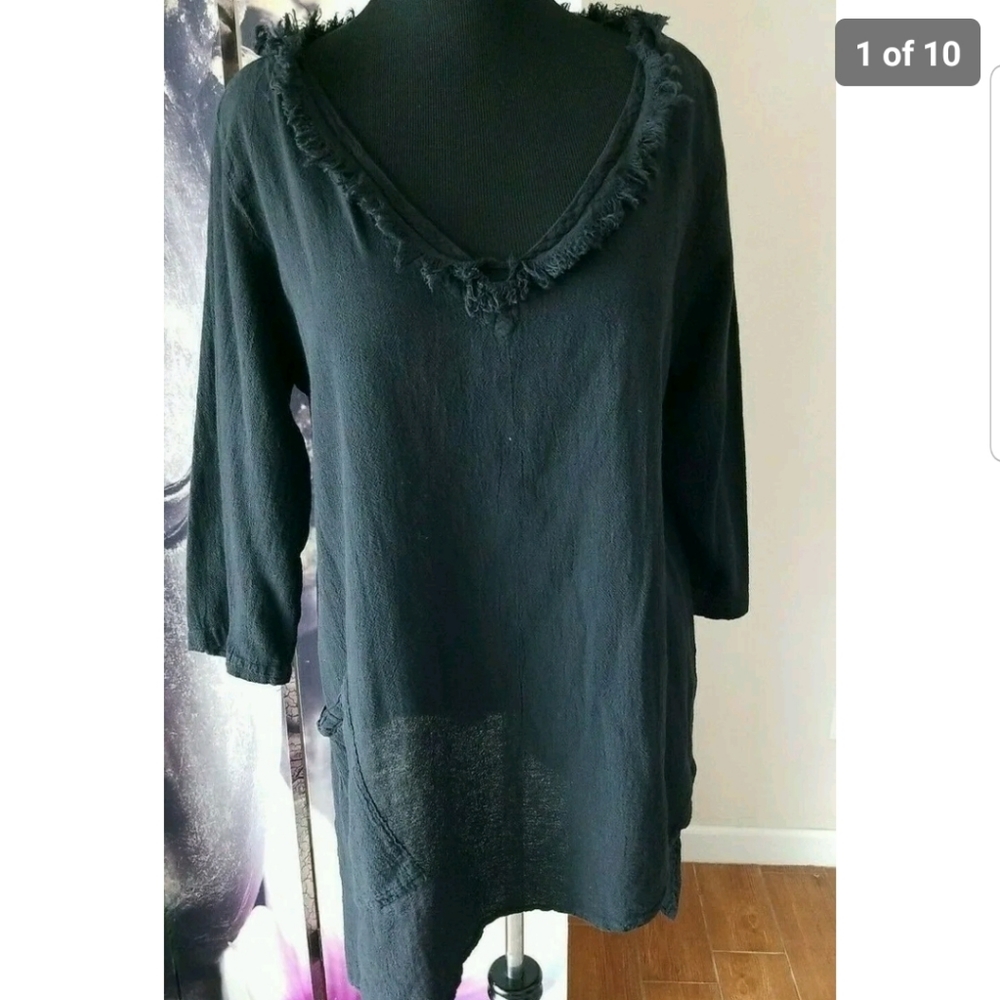 GAUZEWAY‎ V Neck Frayed Trim Asymmetric Hem Cotton Tunic w/ Pockets Size 2 BLACK